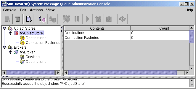Message Queue Administration Console window. Object store node selected in tree view pane.