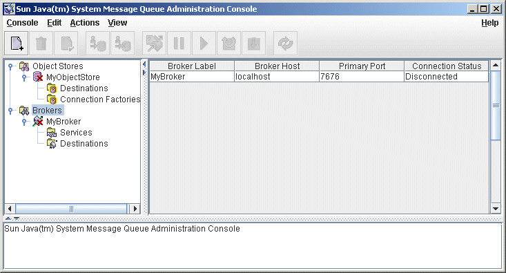 Message Queue Administration Console window. Broker selected in tree view.
